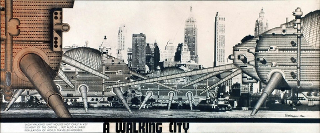 "Walking City by Ron Herron" Archigram architecture futuristic imaginary "Future Cities" scifi surreal "Dystopian Cities"